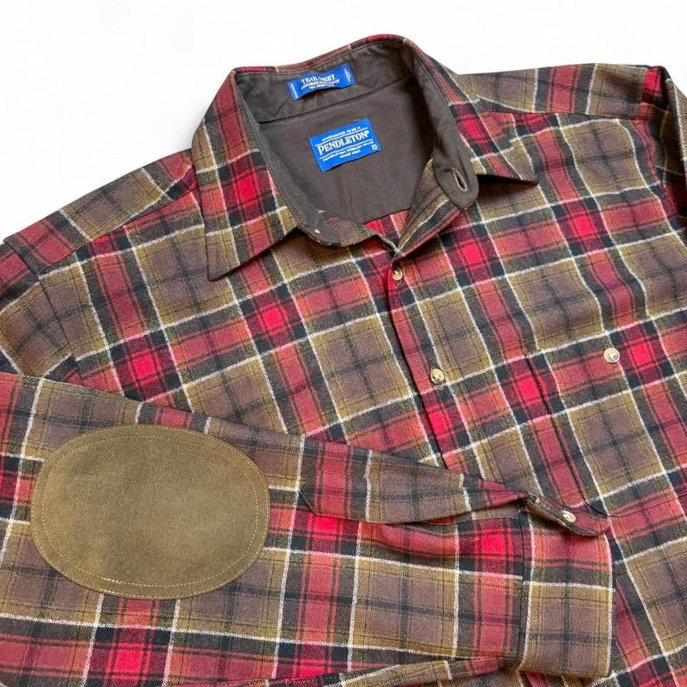 Pendleton Plaid Men's Trail Shirt Sleeve Elbow Patches 100% Wool Button-up Large
